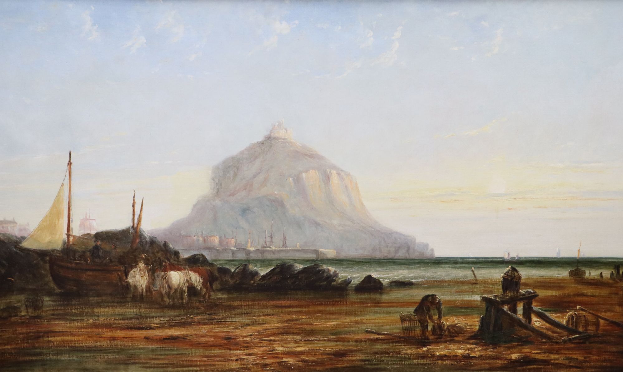 English School (19th century), St Michaels Mount with figures on the shore in the foreground, 74.5cm x 125cm